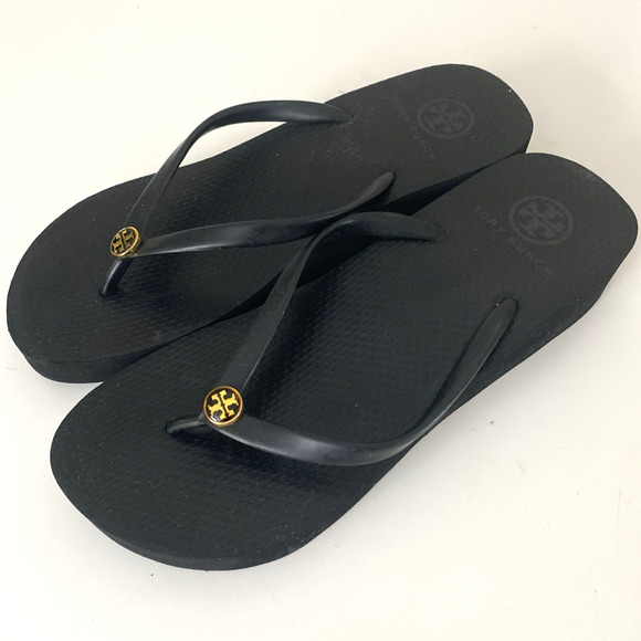 Tory Burch Wedge Flip Flop Sandal Black Thong Toe Gold Logo Slip On Platform 7.5 - Picture 5 of 12